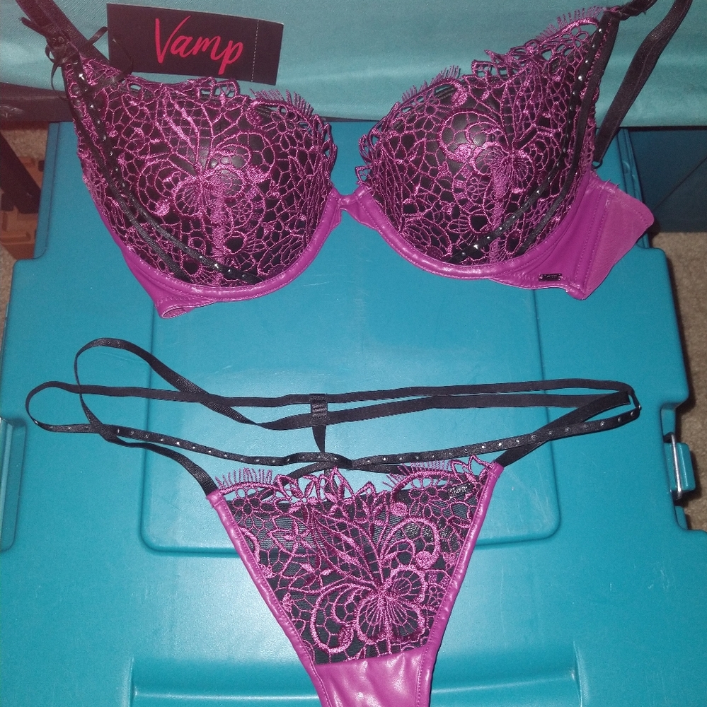 VAMP bra 34D and panty M/8 pink/black/leatherette